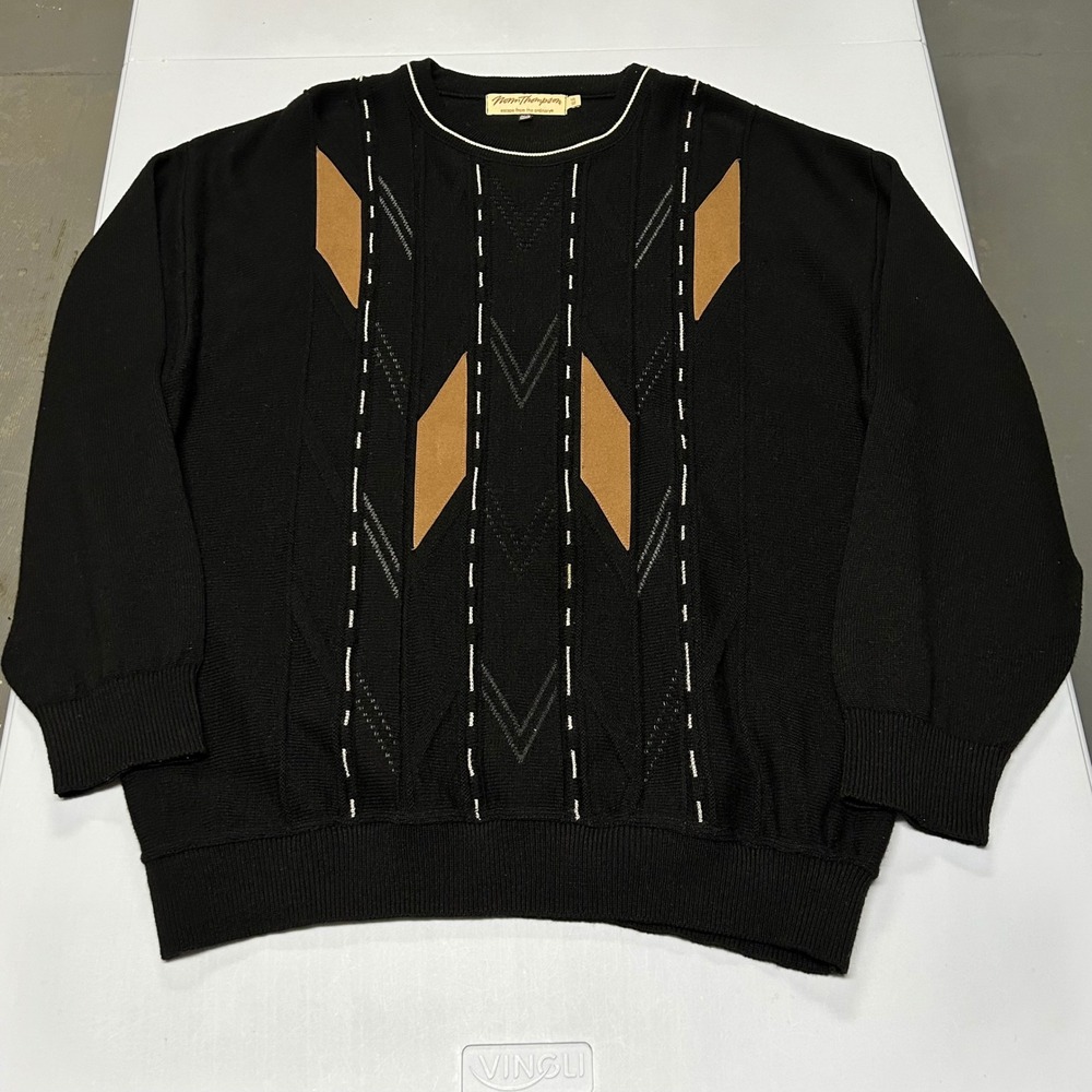 Vtg Norm Thompson Men Black Geometric Knit Sweater XL Wool Blend Crew Neck Black - Picture 3 of 8